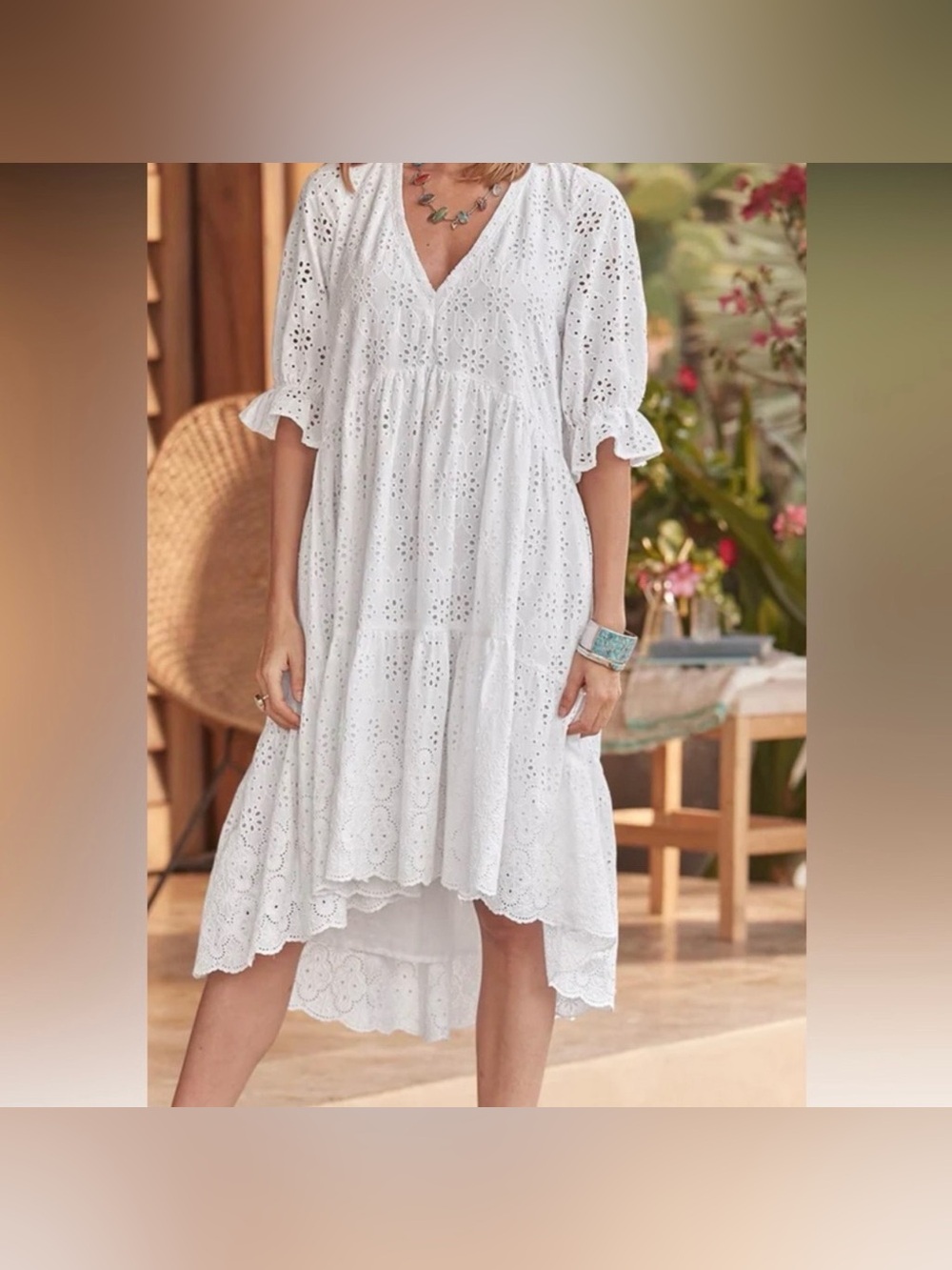 Sundance Jasmine White Eyelet Dress Tiered Ruffle Hi-Low Cotton Cottagecore PXL